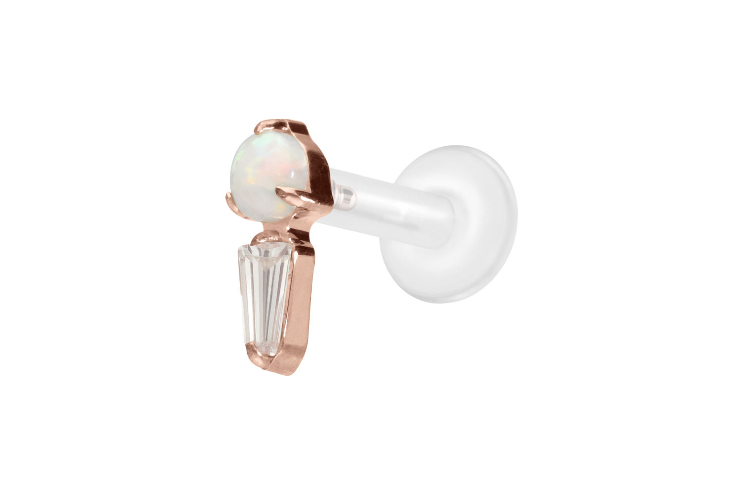 PTFE Labret Piercing mit Innengewinde + Titan-Aufsatz SYNTHETISCHER OPAL + KRISTALLRECHTECK